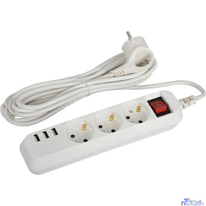 ЭРА Б0052902 Удлинитель электрический U-3es-5m-USB c заземлением с выключателем 3 розетки + 3xUSBA 5м 10А