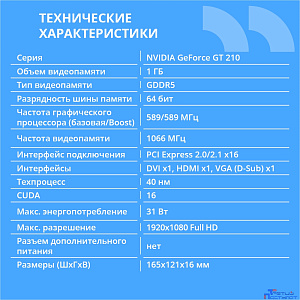 Видеокарта CBR G210 1Gb DDR3, 64bit, 589Mhz, 1*HDMI + 1*DVI + 1*VGA, 31W, (GT 210),  Ret [VGA-STX210-1G-RTL]