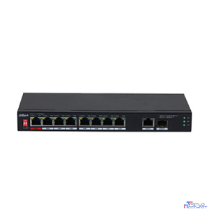DAHUA DH-PFS3110-8ET1GT1GF-96 10-портовый неуправляемый коммутатор с PoE, 8xRJ45 10/100Mb PoE, 1xRJ45 1Gb uplink, 1xSFP 1Gb uplink, суммарно 96Вт, коммутация 5.6 Гбит/с, MAC-таблица 8К, металл