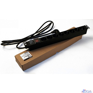 Hyperline SHE19-8SH-S-2.5EU Блок розеток для 19" шкафов, горизонтальный, с выключателем с подсветкой, 8 розеток Schuko (16A), 250В, кабель питания 3х1.5мм2, длина 2.5 м, с вилкой Schuko, 482.6x44.4x44