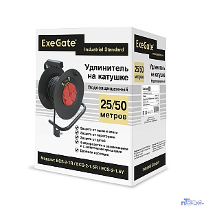 Exegate EX286338RUS Удлинитель на катушке ExeGate industrial ECS-2-1R (4 евророзетки с заземлением и с защитными крышками, IP44, 25м, защита от детей, защита от перегрузки, 3х1,0мм2, 10А/2.2кВт)