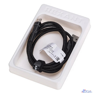 Rexant (18-7065) Кабель USB-A – Type-C, 3А, 18Вт, 1м, в черной нейлоновой оплетке, с LED подсветкой