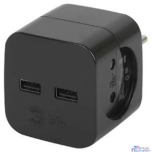 ЭРА Б0049535 Разветвитель электрический SP-2-USB-B на 2 розетки 220V + 2xUSB 2400mA, без заземл 10А (черный)