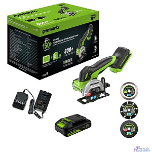 Greenworks Углошлифовальная машина аккумуляторная GD24UCS, 24V, б/щет, 20000 об/мин,76 мм, рез 18 мм,1х2Ач,ЗУ,кор [3402007CUA]
