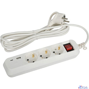 ЭРА Б0052898 Удлинитель электрический UB-3es-3m-USB c заземлением с выключателем 3 розетки + 1xUSBA+1xUSBC 3м 10А