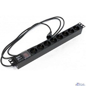 Hyperline SHE19-8SH-S-2.5IEC Блок розеток для 19" шкафов, горизонтальный, с выключателем с подсветкой, 8 розеток Schuko (10A), 250В, кабель питания 3х1.0мм2, длина 2.5 м, с вилкой IEC 320 C14, 482.6x4