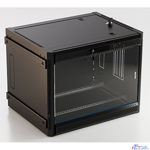 Hyperline TWB-FC-1266-GP-RAL9004 Шкаф настенный 19-дюймовый (19"), 12U, 650x600x600 мм, стеклянная дверь с перфорацией по бокам, ручка с замком, с возможностью установки на ножки, цвет черный RAL 9004