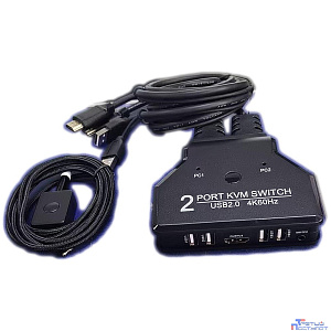 ORIENT HS21HC, HDMI KVM переключатель на 2 устройства, порты HDMI + 2xUSB (клавиатура+мышь) + 2xUSB 2.0, поддержка 4K@60Hz, встроенные кабели 2xHDMI+2xUSB2.0 1.2 метра, (33330)