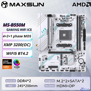 MAXSUN MS-B550M GAMING WIFI ICE (Socket AM4, mATX, 4*DDR4(64Gb), DP/HDMI,  3*SATA3, 2*M.2,  1*PCIEx16/1*PCIEx4, 4*USB2.0, 2*USB 3.0, LAN 1*1G, Bluetooth,  Wi-Fi 802.11ac, RTL)