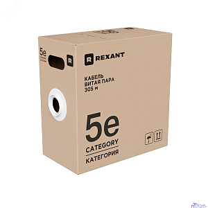 Rexant (02-0005-R) Кабель витая пара U/UTP, CAT 5е, PVC, 4x2x0,52 мм, 24AWG, INDOOR, SOLID, серый, 305м, РФ