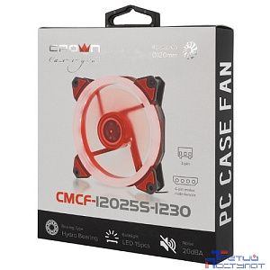 CROWN Вентилятор для компьютерного корпуса CMCF-12025S-1230 (120*120*25мм;Красное LED кольцо;1500 об/мин;35CFM;20Дб;Подшипник скольжения;3pin+MOLEX(папа-мама) 40+10см)