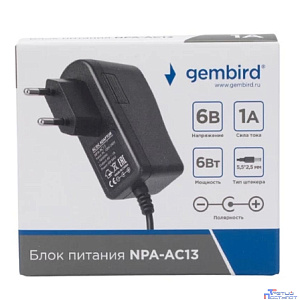 Gembird Блок питания узкий 6В/1А, 6Вт, 1 штекер 5,5х2,5мм (NPA-AC13)