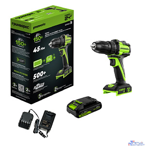 Greenworks DD345, 24V, Дрель-шуруповерт аккумуляторная, бесщеточная, 27/45 Нм,13мм,1х2Ач,ЗУ,кор  [3708307CUA]