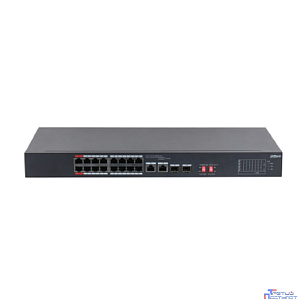 DAHUA DH-S3218-16ET-240 16-портовый неуправляемый коммутатор с РоЕ, 16xRJ45 100Mb, 2хКомбо SFP/RJ45 1Gb uplink, суммарно до 240Вт, коммутация 7.2 Гбит/с, MAC-таблица 8К