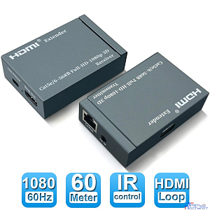 ORIENT VE045IR, HDMI extender (Tx+Rx), активный удлинитель до 60 м по витой паре Cat5e/6, HDMI 1.4а, 1080p@60Hz/3D, HDCP, доп. вых. HDMI, передача ИК сиг. упр.( IR-TX/Rx в компл), БП 5В/1А (31323)
