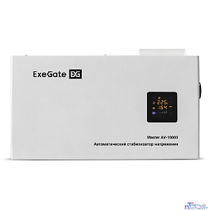 Exegate EX291743RUS Стабилизатор напряжения ExeGate Master AV-10000 (10000ВА, 140-260В, цветной дисплей, 220В±8%, КПД 98%, 5 уровней защиты, задержка, усиленный метал.корпус, клем.колодка+евророзетка,