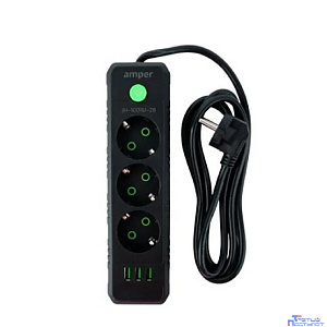 Amper сетевой удлинитель, 4,0м, 3 розетки, 10А, 2500 Вт, 3usb, черный. [JH-1031U-4B]
