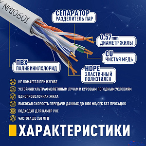 Кабель NEOMAX [NM10601] U/UTP cat.6 4 пары (305 м) 0.57 мм (23 AWG) Медь, PVC;  Fluke Tested