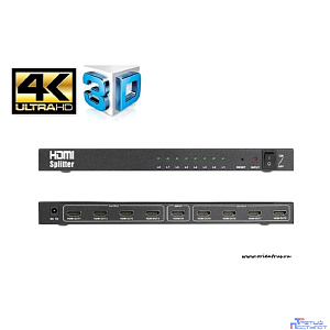 ORIENT HDMI 4K Splitter HSP0108H, 1->8, HDMI 1.4/3D, UHDTV 4K(3840x2160)/HDTV1080p/1080i/720p, HDCP1.2, внешний БП 5В/3A, метал.корпус (29987)