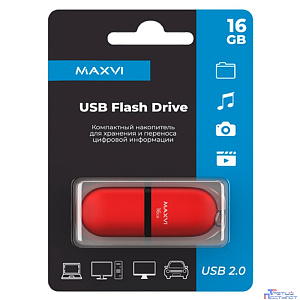 Maxvi USB Drive 16GB SF red, монолит с колпачком, soft touch, USB 2.0