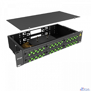 NTSS Кросс 19" NTSS PREMIUM, предсобранный 2U, 48 портов FC/APC, 9/125 мкм, (розетки, сплайс 2шт, КДЗС, пигтейлы), черный, RAL9005 NTSS-RFOB-PM-2U-48-FC/A-9-SP1.5G2A-BL