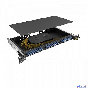 NTSS Кросс 19" NTSS PREMIUM выдвижной, предсобранный 1U, 24 порта LC/UPC duplex, 9/125 мкм, (розетки, сплайс 2шт, КДЗС, пигтейлы), черный, RAL9005 NTSS-RsFOB-PM-1U-24-2LC/U-9-SP1.5G1A-BL