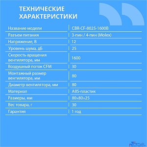 CBR Вентилятор для корпуса CBR-CF-8025-1600B, 80*80*25мм, 3-pin+molex, 1600 RPM, 30 CFM, 24.6 dBA