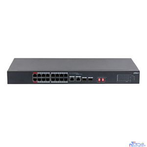 DAHUA DH-S3218-16ET-135 16-портовый неуправляемый коммутатор с РоЕ, 16xRJ45 100Mb, 2хКомбо SFP/RJ45 1Gb uplink, суммарно до 135Вт, коммутация 7.2 Гбит/с, MAC-таблица 8К