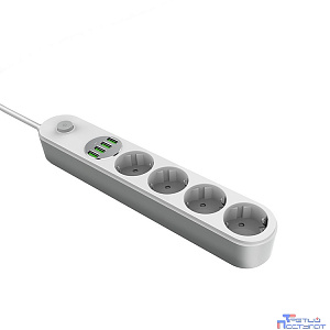 Perfeo LD_B4438 LDNIO SE4432/ Сетевой удлинитель 2м + ЗУ на 4 USB/ 4 розетки (медь) - 2500W/ USB - 17W/ White&Gray