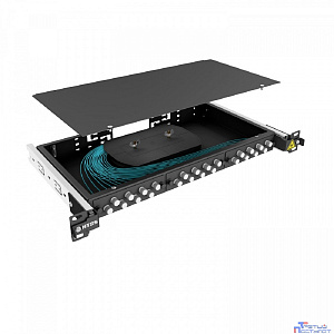 NTSS Кросс 19" NTSS PREMIUM выдвижной, предсобранный 1U, 16 портов FC/UPC, 50/125 мкм ОМ3, (сплайс, пигтейлы, кдзс, планки, адаптеры), черный, RAL9005 NTSS-RsFOB-PM-1U-16-FC/U-503-SP1.5G2A-BL