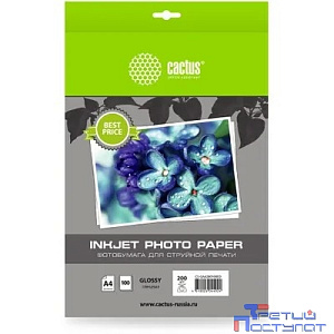 Фотобумага Cactus CS-GA4200100ED, A4, для струйной печати, 100л, 200г/м2, белый, покрытие глянцевое