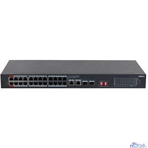 DAHUA DH-S3228-24GT-240 24-портовый неуправляемый гигабитный коммутатор с PoE, уровень L2 : 24 RJ45 10/100/1000Мбит/с (PoE/PoE+/Hi-PoE), 2 RJ45 10/100/1000Мбит/с (uplink), 2 SFP 1000Мбит/с (uplink)