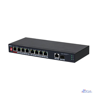 DAHUA DH-PFS3110-8ET1GT1GF-96 10-портовый неуправляемый коммутатор с PoE, 8xRJ45 10/100Mb PoE, 1xRJ45 1Gb uplink, 1xSFP 1Gb uplink, суммарно 96Вт, коммутация 5.6 Гбит/с, MAC-таблица 8К, металл