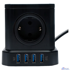 Cablexpert Сетевой фильтр Tower TWR-5-U4-B-3 (Tower 5р, 10А, 4 х USB, 3.1А, 3м, ур.защиты 4+) черный, коробка {22553}
