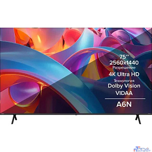 Hisense 75" 75A6N, Ultra HD, Smart TV {(ОС VIDAA U5), Wi-Fi, PCI 1600, DVB-T2/T/C/S2/S, CI+(1.4), 3 HDMI, 2 USB, GA, VIDAA Voice, Yandex}