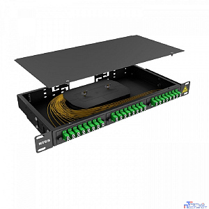 NTSS Кросс 19" NTSS PREMIUM, предсобранный 1U, 10 портов LC/APC duplex, 9/125 мкм, (сплайс, пигтейлы, кдзс, планки, адаптеры), черный, RAL9005 NTSS-RFOB-PM-1U-10-2LC/A-9-SP1.5G1A-BL