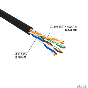 Rexant (01-0045-R) Кабель витая пара U/UTP, CAT 5e, PE, 4PR, 24AWG, OUTDOOR, SOLID, черный, 305м