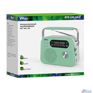 RITMIX RPR-045 MINT {Радиоприёмник портативный 3хдиапазонный FM/AM/SW,Bluetooth v.5.3, воспроизв. с USB и с карт пам. micro SD (до 32Gb)}