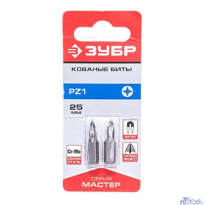 ЗУБР Биты ЗУБР "МАСТЕР" кованые, хромомолибденовая сталь, тип хвостовика C 1/4", PZ1, 25мм, 2шт [26003-1-25-2]