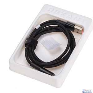 Rexant (18-7064) Кабель USB-A – Type-C, 6А, 66Вт, 1м, в черной нейлоновой оплетке, со световой индикацией