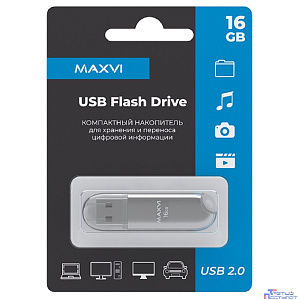 Maxvi USB Drive 16GB P1 silver, монолит с колпачком, ABS пластик, USB 2.0