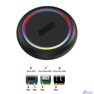 ORIENT UHD-524LED, USB 3.2 Gen2 (USB 3.1) док-станция для SSD M.2 M-key NVMe (JMS581DL, поддержка UASP,TRIM), скорость до 10 GB/s, два кабеля подключения USB Type-A + Type-C, подсветка корпуса (33405)