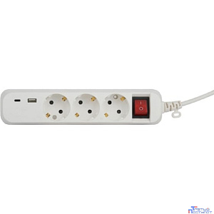 ЭРА Б0052898 Удлинитель электрический UB-3es-3m-USB c заземлением с выключателем 3 розетки + 1xUSBA+1xUSBC 3м 10А