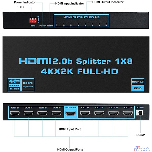 ORIENT HSP0108HL-2.0, HDMI разветвитель 1->8, UHD 4K/60Гц (3840x2160),  HDR10, HDMI 2.0b, 18 Гбит/с, HDCP 2.2, EDID управление, внешний БП 5В/3А, метал.корпус (33254)