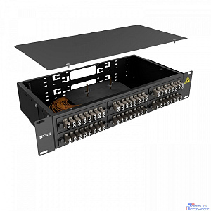 NTSS Кросс 19" NTSS PREMIUM, предсобранный 2U, 48 портов LC/UPC duplex, 62,5/125 мкм, (розетки, сплайс 3шт, КДЗС, пигтейлы), черный, RAL9005 NTSS-RFOB-PM-2U-48-2LC/U-62.5-SP1.5G1A-BL