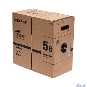 Rexant (01-0041-R) Кабель витая пара U/UTP, CAT 5e, PVC нг(А)-LS, 4х2х0,52мм, 4PR, 24AWG, INDOOR, SOLID, серый, 305м, РФ