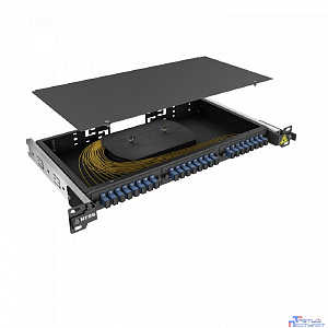 NTSS Кросс 19" NTSS PREMIUM выдвижной, предсобранный 1U, 24 порта SC/UPC, 9/125 мкм, (сплайс, пигтейлы, кдзс, планки, адаптеры), черный, RAL9005 NTSS-RsFOB-PM-1U-24-SC/U-9-SP1.5G1A-BL
