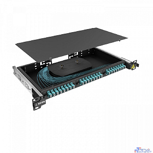 NTSS Кросс 19" NTSS PREMIUM выдвижной, предсобранный 1U, 24 порта LC/UPC duplex, 50/125 мкм ОМ3, (розетки, сплайс 2шт, КДЗС, пигтейлы), черный, RAL9005 NTSS-RsFOB-PM-1U-24-2LC/U-503-SP1.5G1A-BL