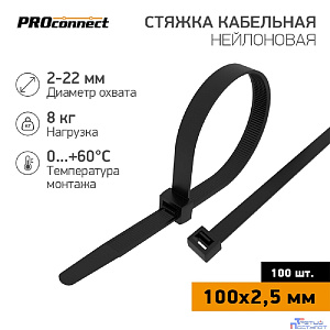 PROconnect (57-0101) Стяжка кабельная нейлоновая 100x2,5мм, черная (100 шт/уп)