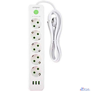 Amper сетевой удлинитель, 2,0м, 5 розеток, 10А, 2500 Вт, 3usb, белый. [JH-1033U-2W]